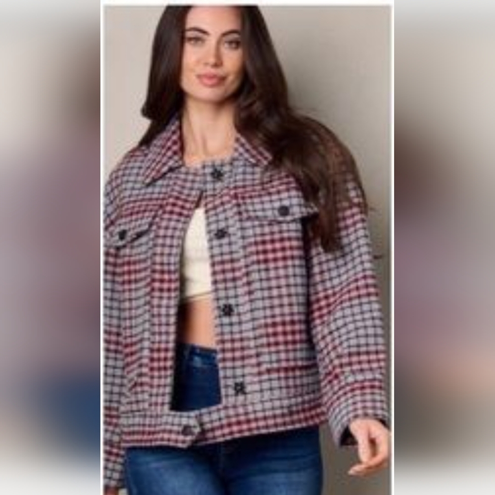Plaid Button-Front Shacket Jacket - Red/Grey - Picture 2 of 12